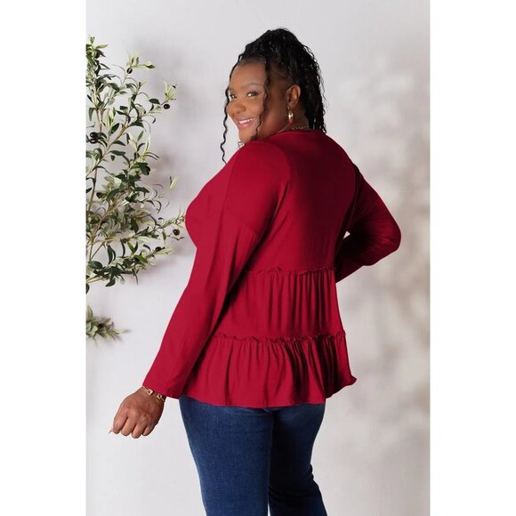 Double Take Half Button Long Sleeve Ruffle Hem Blouse - Picture 5 of 6